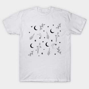 moon and stars black and white pattern floral space T-Shirt